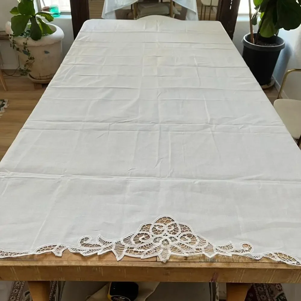 Vintage White Battenburg Lace Cotton Applique Cutwork Embroidery Flat Full Sheet